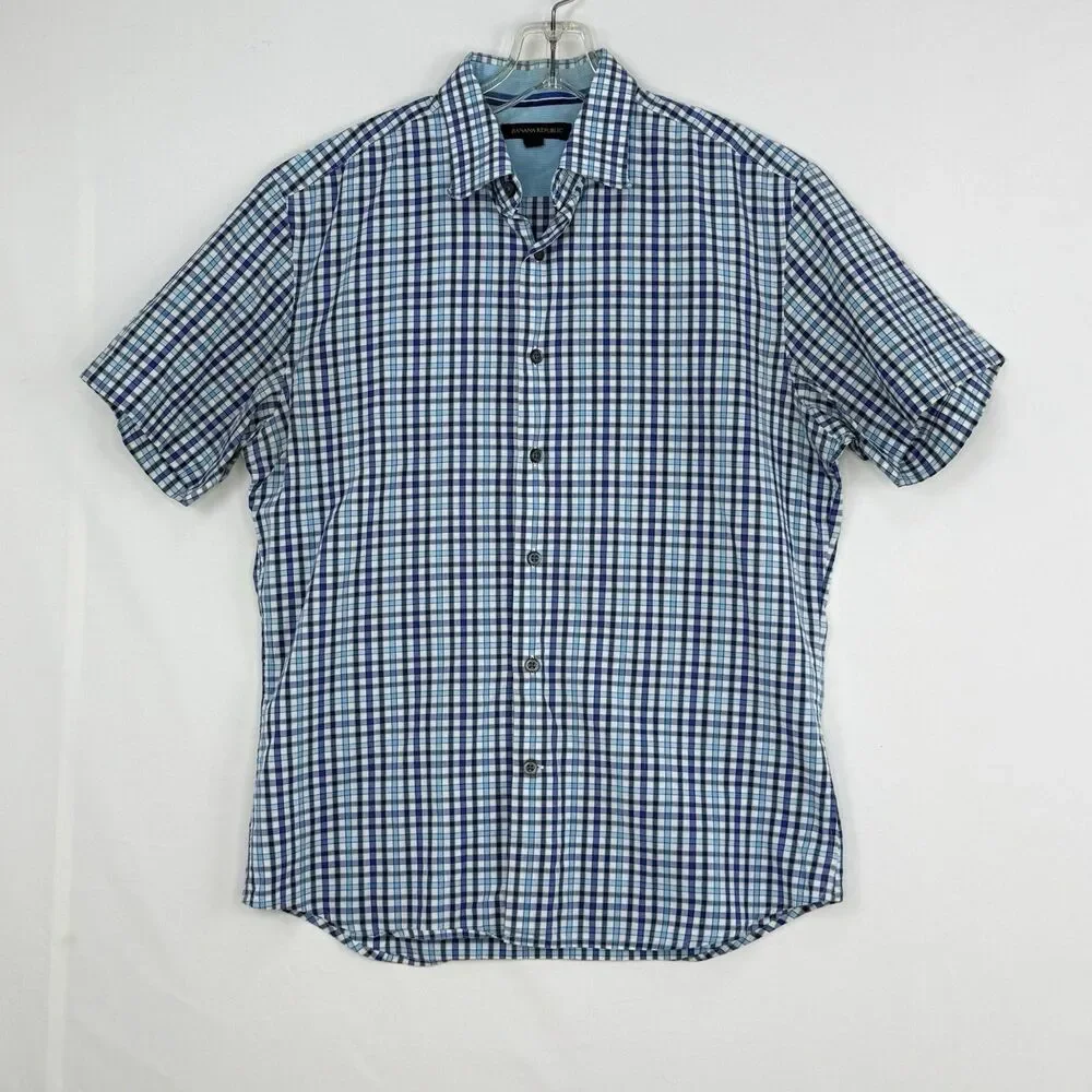 Banana Republic Blue Plaid Woven Short Sleeve Button-Up Shirt Men's Small